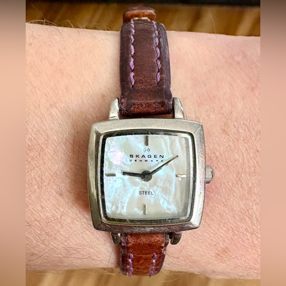 Vintage Skagen Denmark Women’s Quartz Watch Leather, Steal and Mother of Pearl